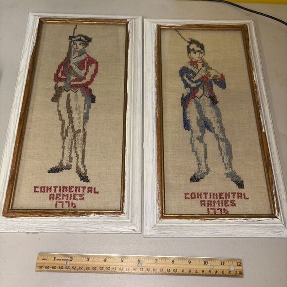 2 Vintage Continental Armies 1776 Cross Stitch Mid Century Modern Framed